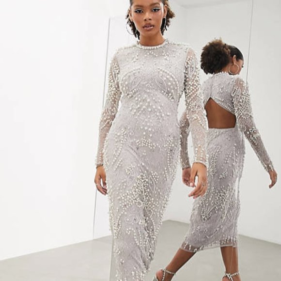 ASOS EDITION pearl embellished bodycon midi dress with cut-out back in p… - Picture 1 of 5